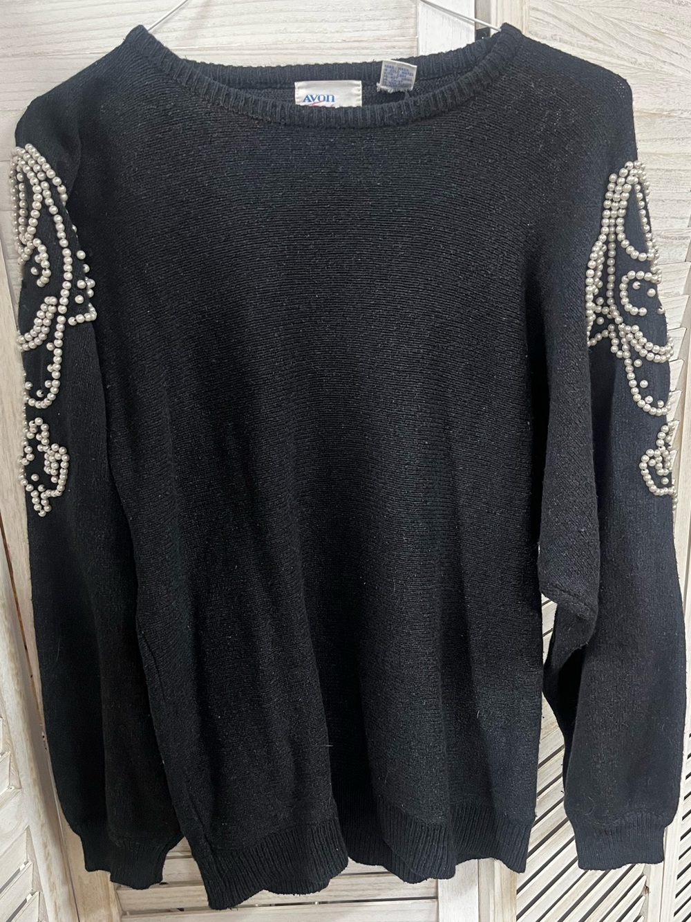 Vintage Avon Fashions Black Silk Angora Pearl Embellished Sweater Size Large